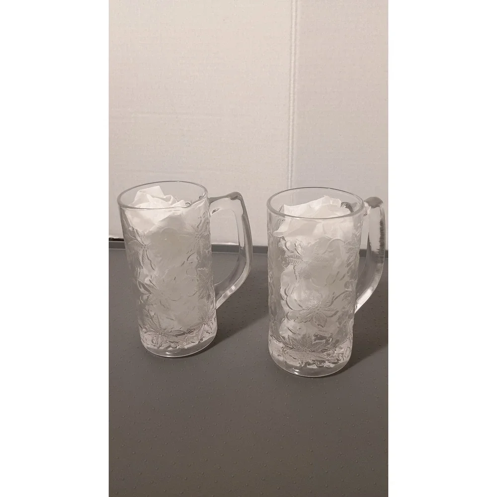 Princess House Fantasia Beer Mug Set 2 Clear Excellent Embossed Poinsettia Glass